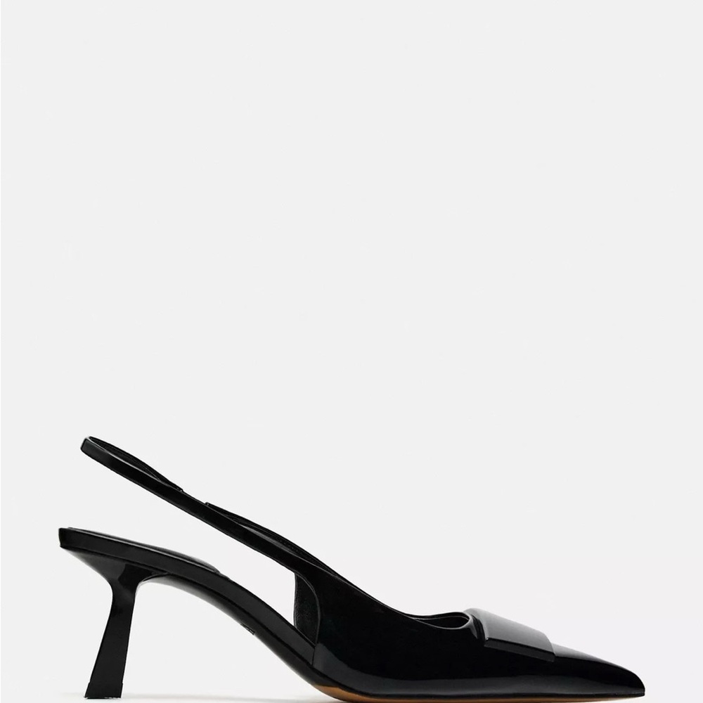 Zara Black Patent Slingback Pointed-Toe Kitten Heel